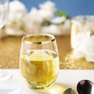 12-Pack Transparent Plastic Stemless Wine Glasses 12oz, Clear with Gold Rim - Reusable Tumblers for Events
