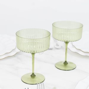 24-Pack Premium Disposable Cocktail Glasses – 10oz Dusty Sage Green Ribbed Plastic Coupe Champagne Cups with Detachable Stem & Base – Party & Event